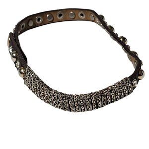 Gothic Leather Metal Chain Studded Choker Necklace Rhinestone Accents Punk Women